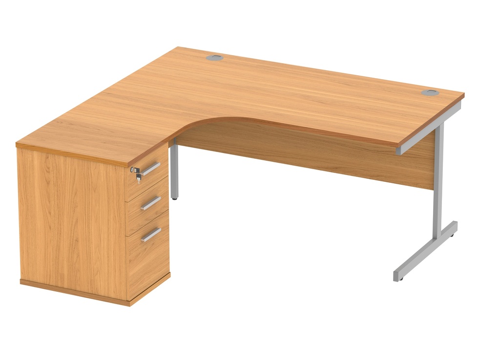 Single Upright Left Hand Radial Desk + Desk High Pedestal (FSC) | 600mm Deep Pedestal | 1600 X 1200 | Norwegian Beech/Silver