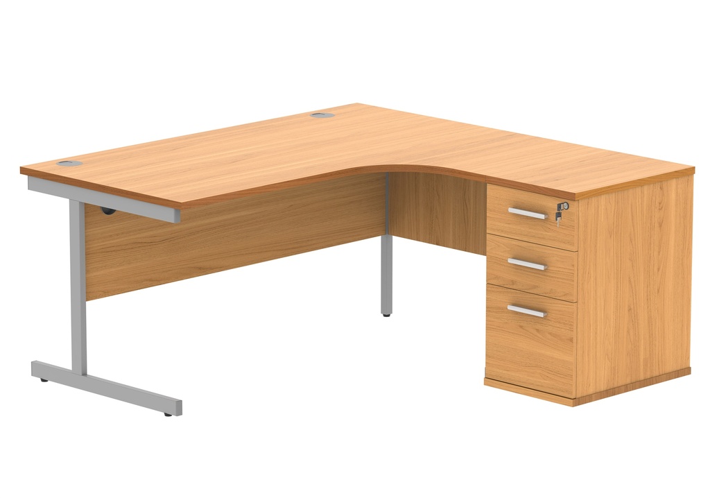Single Upright Right Hand Radial Desk + Desk High Pedestal (FSC) | 600mm Deep Pedestal | 1600 X 1200 | Norwegian Beech/Silver