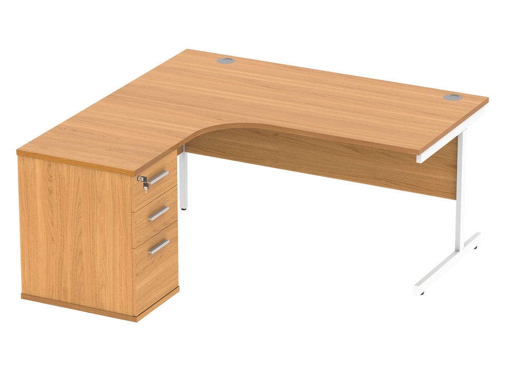 Single Upright Left Hand Radial Desk + Desk High Pedestal (FSC) | 600mm Deep Pedestal | 1600 X 1200 | Norwegian Beech/White