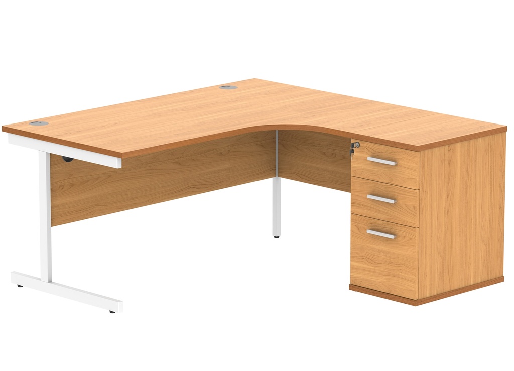Single Upright Right Hand Radial Desk + Desk High Pedestal (FSC) | 600mm Deep Pedestal | 1600 X 1200 | Norwegian Beech/White