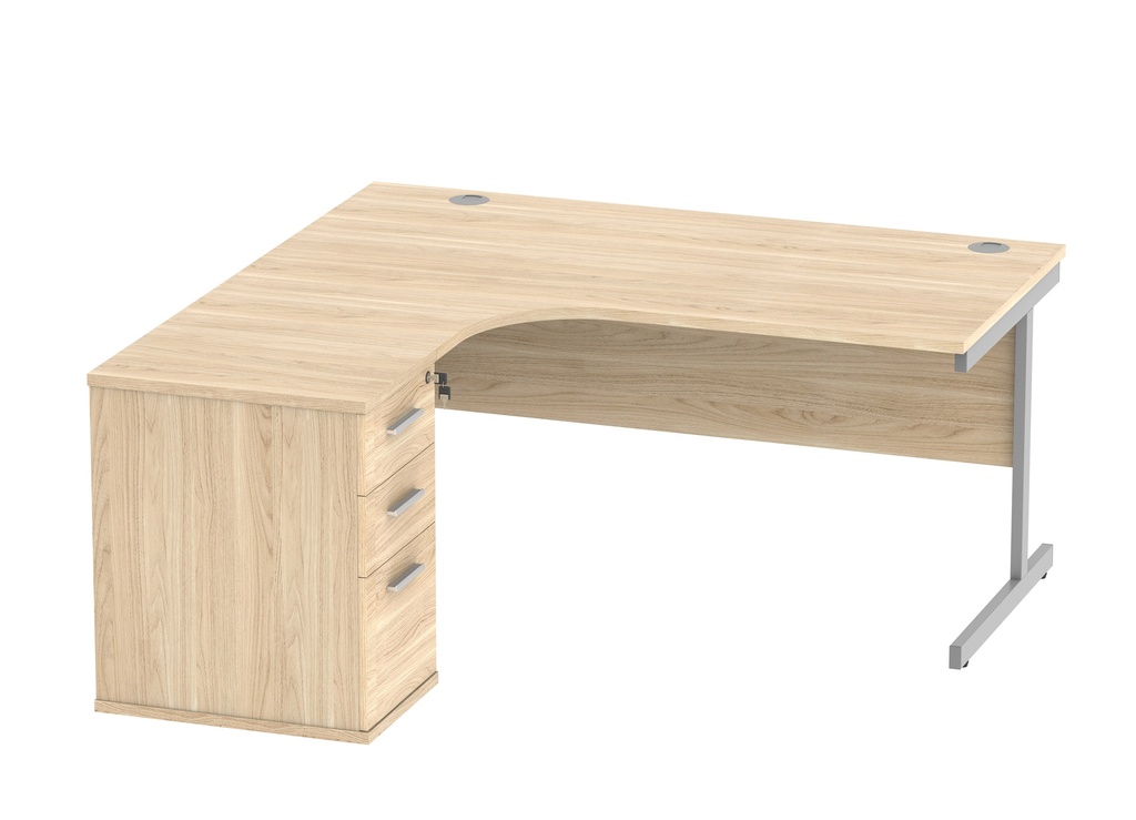 Single Upright Left Hand Radial Desk + Desk High Pedestal (FSC) | 600mm Deep Pedestal | 1600 X 1200 | Canadian Oak/Silver