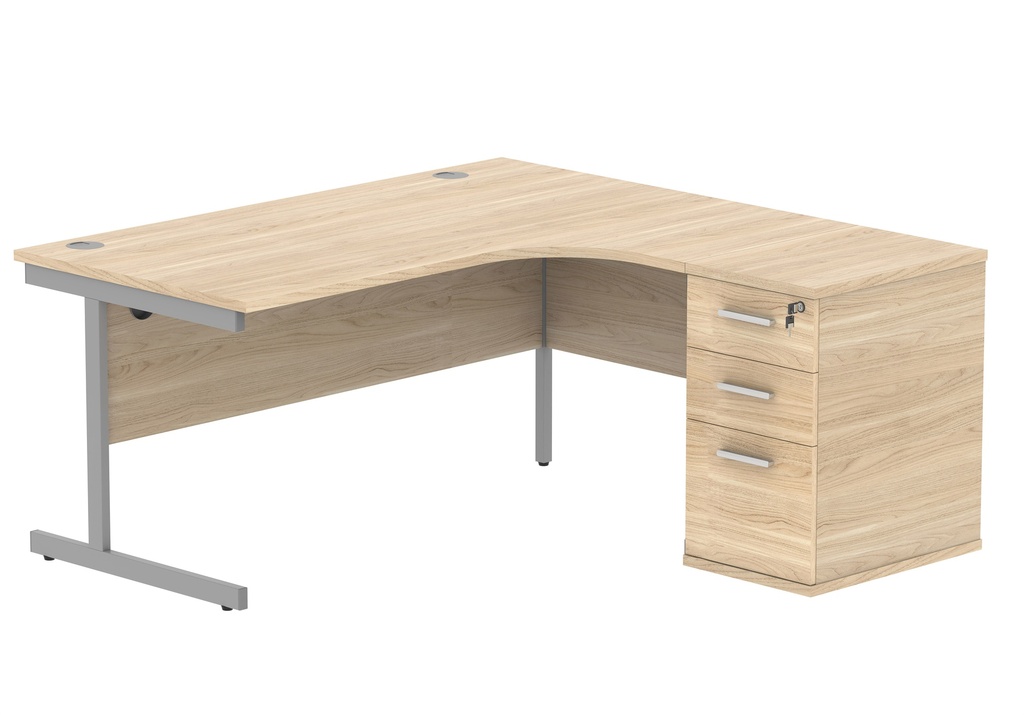 Single Upright Right Hand Radial Desk + Desk High Pedestal (FSC) | 600mm Deep Pedestal | 1600 X 1200 | Canadian Oak/Silver