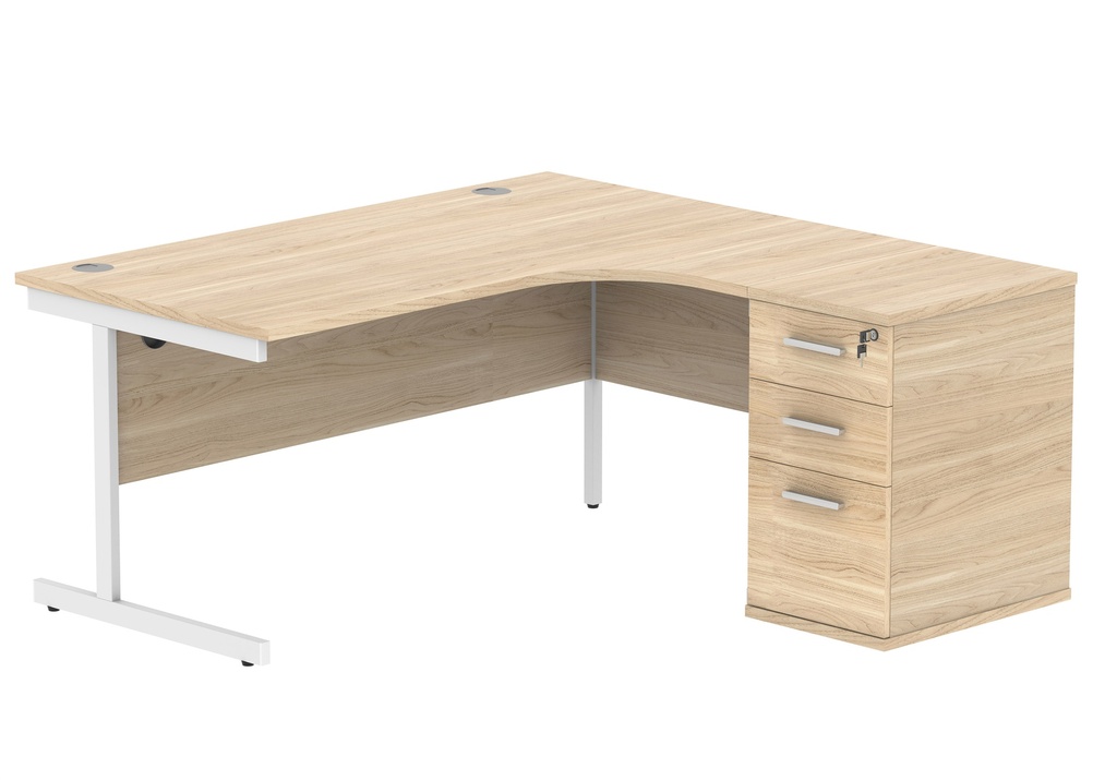 Single Upright Right Hand Radial Desk + Desk High Pedestal (FSC) | 600mm Deep Pedestal | 1600 X 1200 | Canadian Oak/White