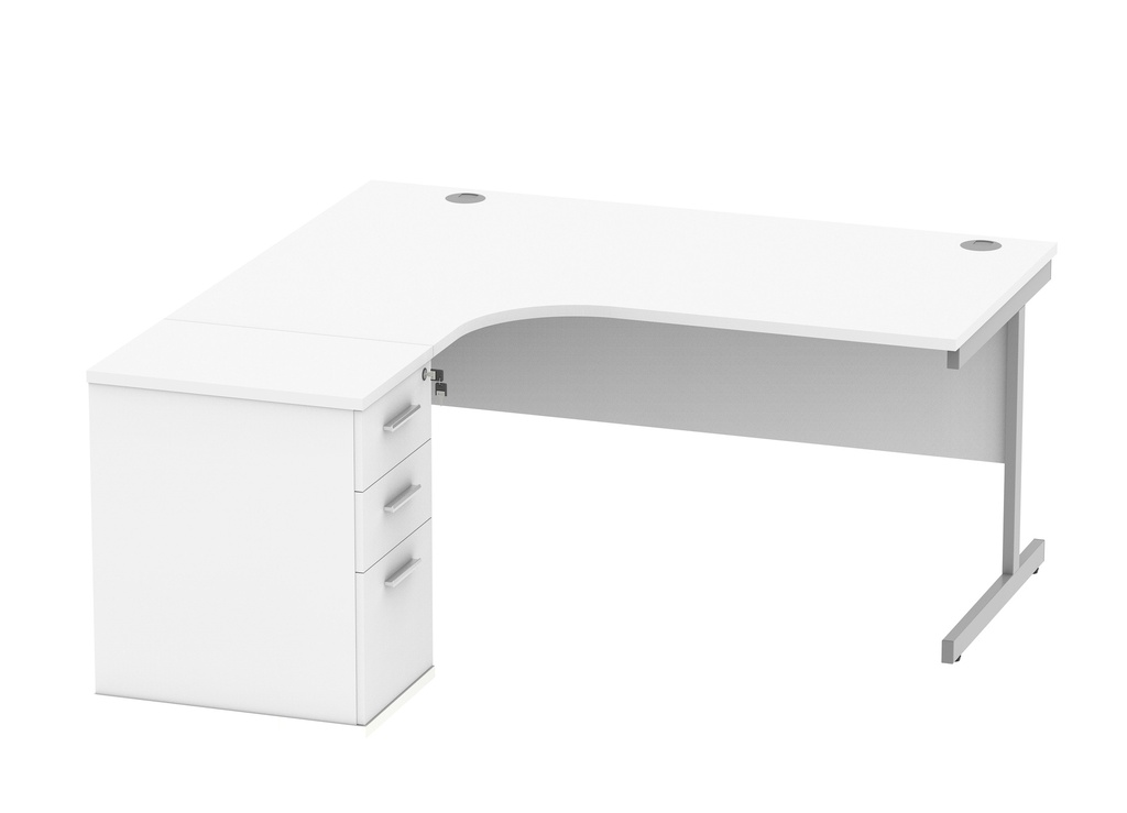 Single Upright Left Hand Radial Desk + Desk High Pedestal (FSC) | 600mm Deep Pedestal | 1600 X 1200 | Arctic White/Silver