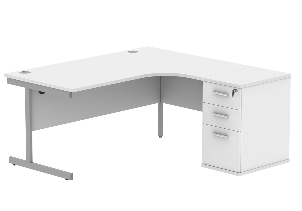 Single Upright Right Hand Radial Desk + Desk High Pedestal (FSC) | 600mm Deep Pedestal | 1600 X 1200 | Arctic White/Silver