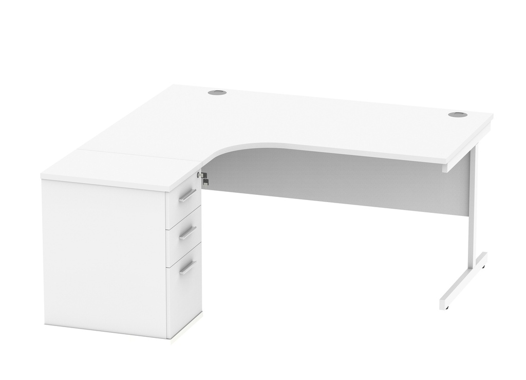 Single Upright Left Hand Radial Desk + Desk High Pedestal (FSC) | 600mm Deep Pedestal | 1600 X 1200 | Arctic White/White