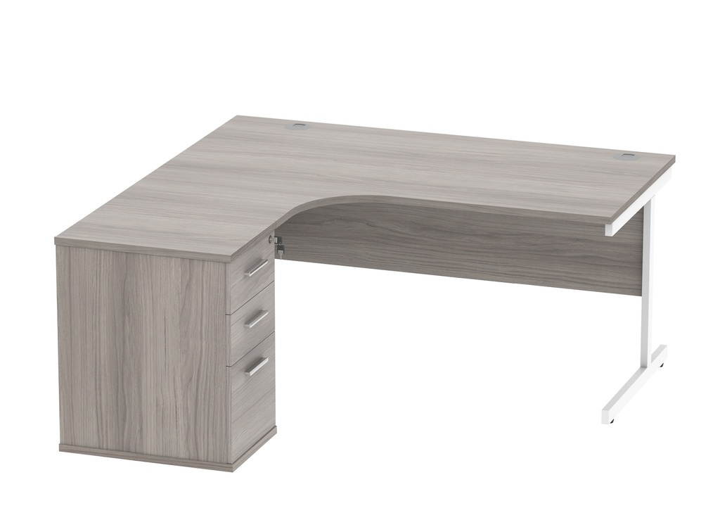 Single Upright Left Hand Radial Desk + Desk High Pedestal (FSC) | 600mm Deep Pedestal | 1600 X 1200 | Alaskan Grey Oak/Silver