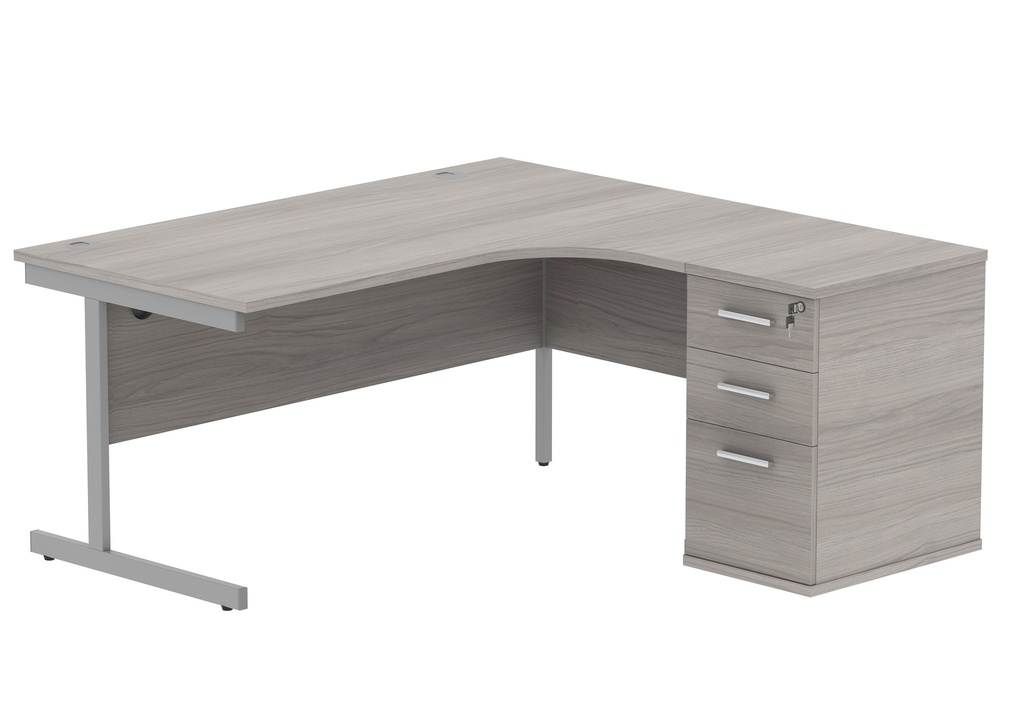 Single Upright Right Hand Radial Desk + Desk High Pedestal (FSC) | 600mm Deep Pedestal | 1600 X 1200 | Alaskan Grey Oak/Silver