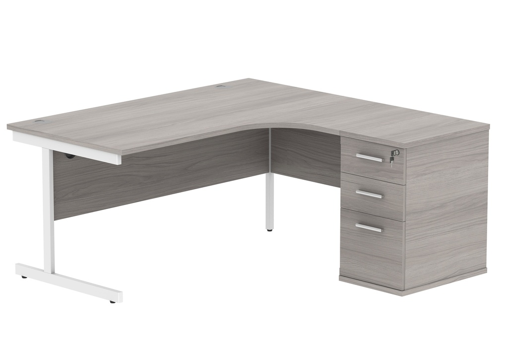 Single Upright Right Hand Radial Desk + Desk High Pedestal (FSC) | 600mm Deep Pedestal | 1600 X 1200 | Alaskan Grey Oak/White