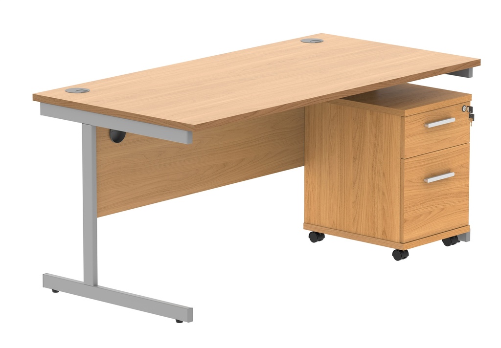 Single Upright Rectangular Desk + 2 Drawer Mobile Under Desk Pedestal (FSC) | 1600 X 800 | Norwegian Beech/Silver