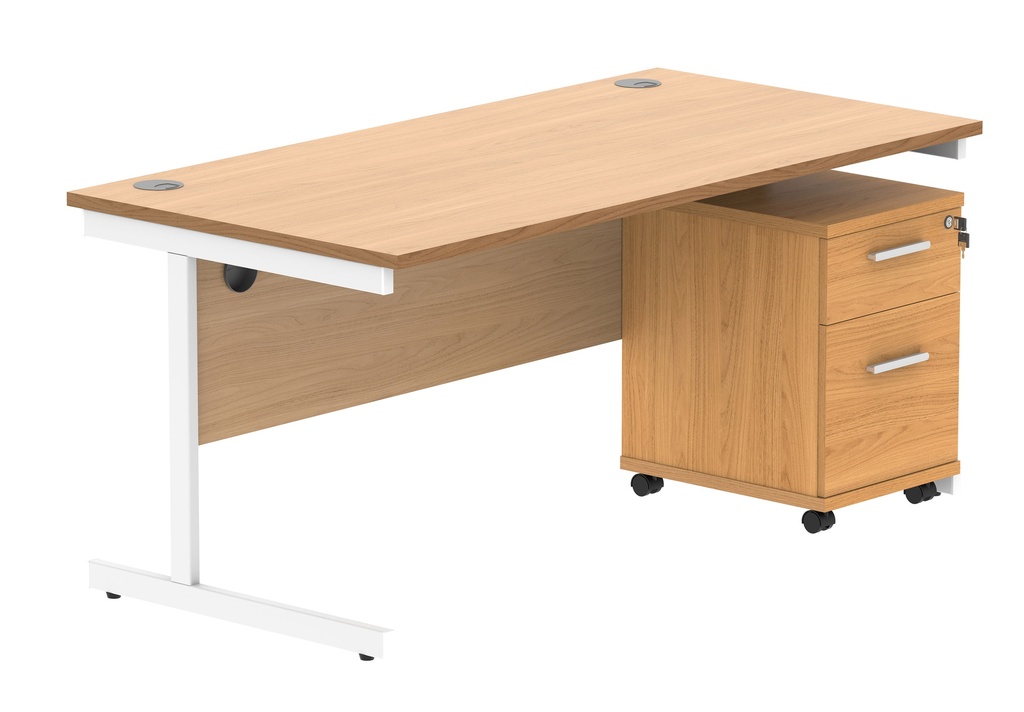 Single Upright Rectangular Desk + 2 Drawer Mobile Under Desk Pedestal (FSC) | 1600 X 800 | Norwegian Beech/White
