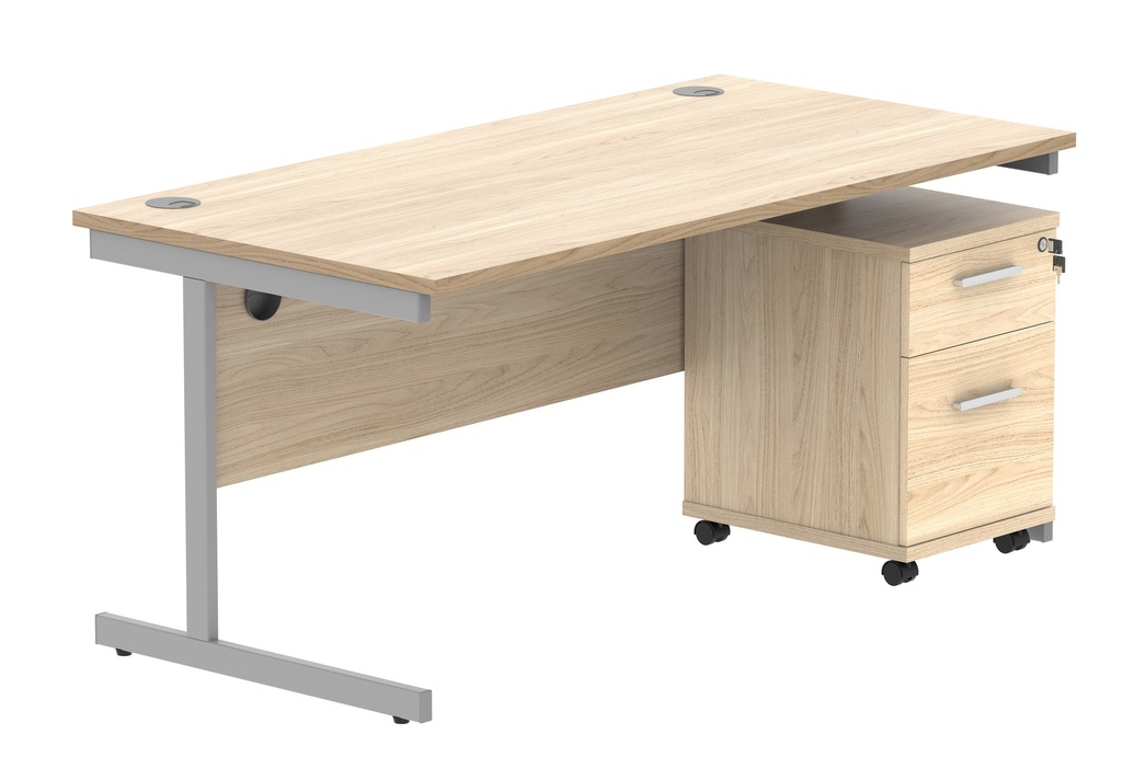 Single Upright Rectangular Desk + 2 Drawer Mobile Under Desk Pedestal (FSC) | 1600 X 800 | Canadian Oak/Silver