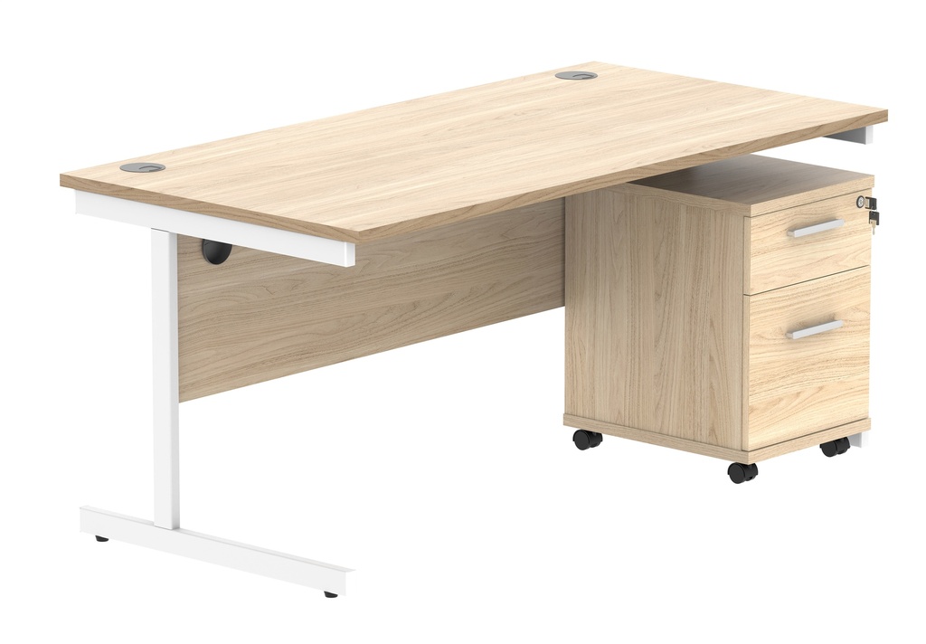 Single Upright Rectangular Desk + 2 Drawer Mobile Under Desk Pedestal (FSC) | 1600 X 800 | Canadian Oak/White