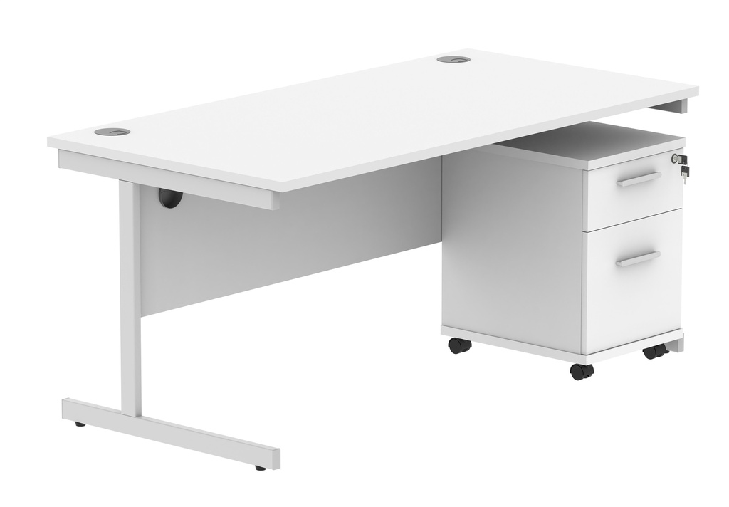 Single Upright Rectangular Desk + 2 Drawer Mobile Under Desk Pedestal (FSC) | 1600 X 800 | Arctic White/Silver