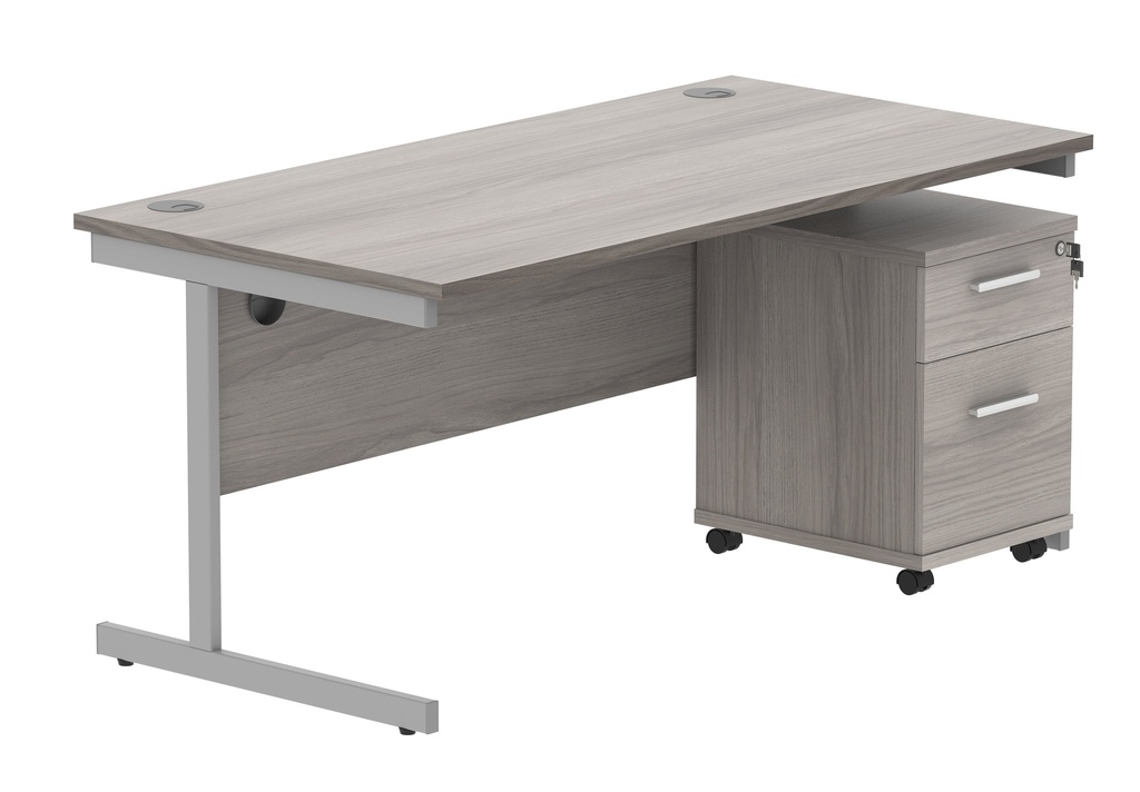 Single Upright Rectangular Desk + 2 Drawer Mobile Under Desk Pedestal (FSC) | 1600 X 800 | Alaskan Grey Oak/Silver