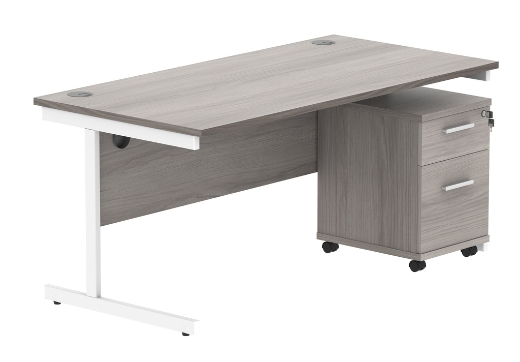 Single Upright Rectangular Desk + 2 Drawer Mobile Under Desk Pedestal (FSC) | 1600 X 800 | Alaskan Grey Oak/White