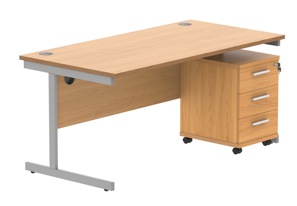 Single Upright Rectangular Desk + 3 Drawer Mobile Under Desk Pedestal (FSC) | 1600 X 800 | Norwegian Beech/Silver