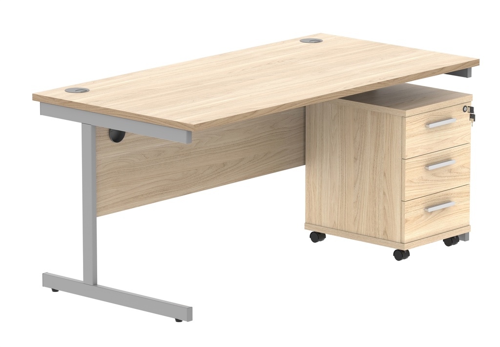 Single Upright Rectangular Desk + 3 Drawer Mobile Under Desk Pedestal (FSC) | 1600 X 800 | Canadian Oak/Silver
