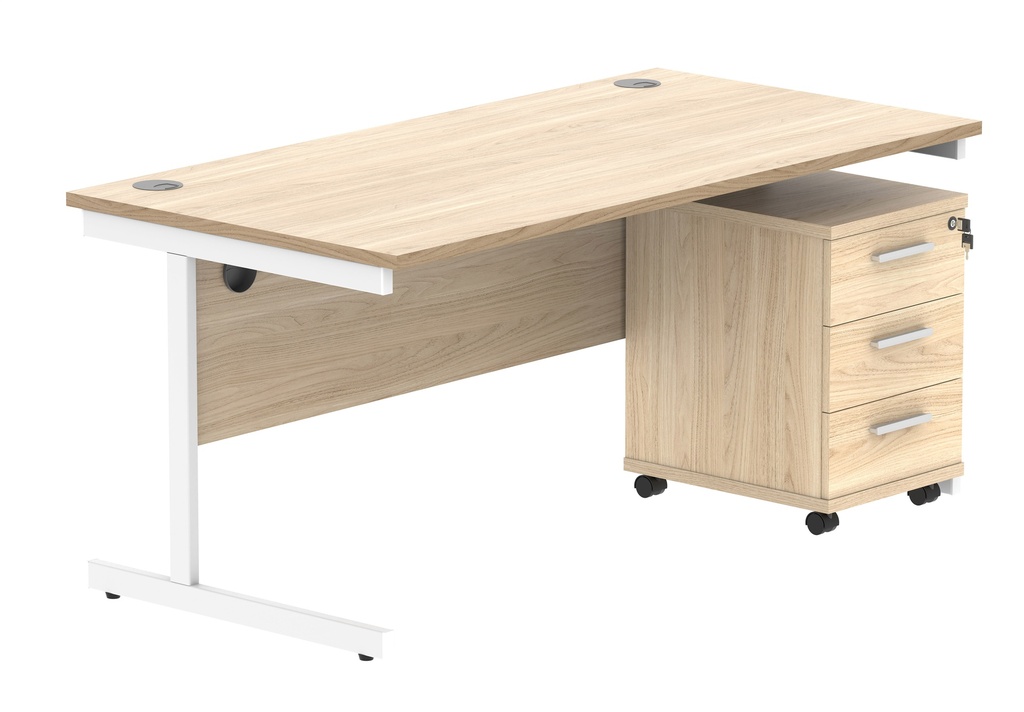 Single Upright Rectangular Desk + 3 Drawer Mobile Under Desk Pedestal (FSC) | 1600 X 800 | Canadian Oak/White