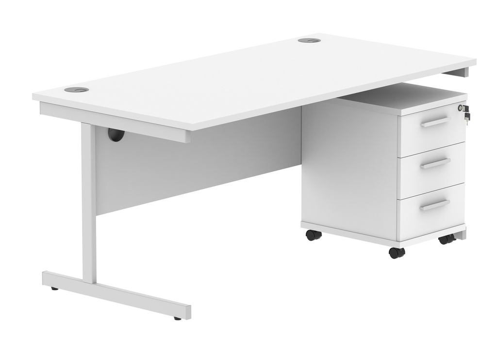 Single Upright Rectangular Desk + 3 Drawer Mobile Under Desk Pedestal (FSC) | 1600 X 800 | Arctic White/Silver