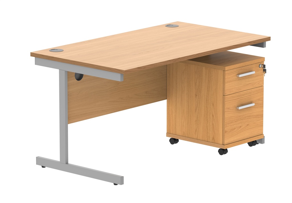 Single Upright Rectangular Desk + 2 Drawer Mobile Under Desk Pedestal (FSC) | 1400 X 800 | Norwegian Beech/Silver