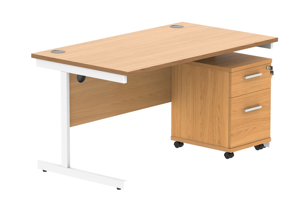 Single Upright Rectangular Desk + 2 Drawer Mobile Under Desk Pedestal (FSC) | 1400 X 800 | Norwegian Beech/White