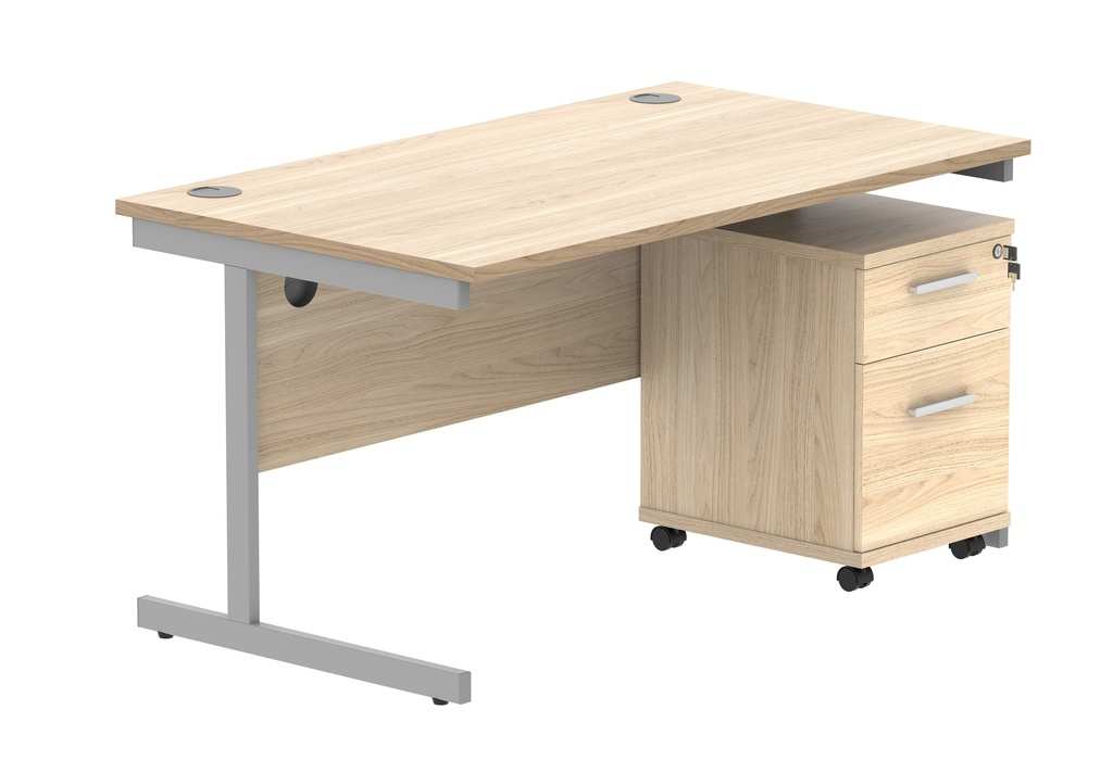 Single Upright Rectangular Desk + 2 Drawer Mobile Under Desk Pedestal (FSC) | 1400 X 800 | Canadian Oak/Silver