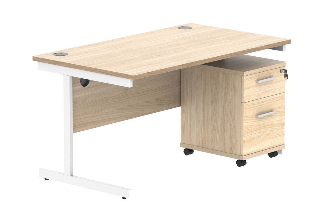 Single Upright Rectangular Desk + 2 Drawer Mobile Under Desk Pedestal (FSC) | 1400 X 800 | Canadian Oak/White