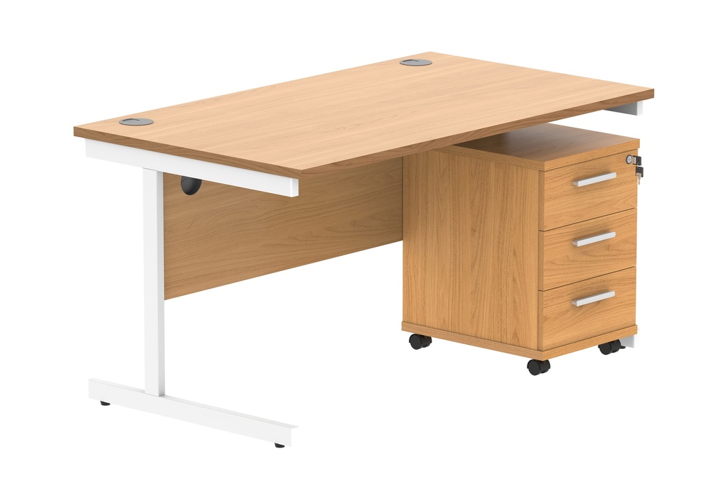 Single Upright Rectangular Desk + 3 Drawer Mobile Under Desk Pedestal (FSC) | 1400 X 800 | Norwegian Beech/White