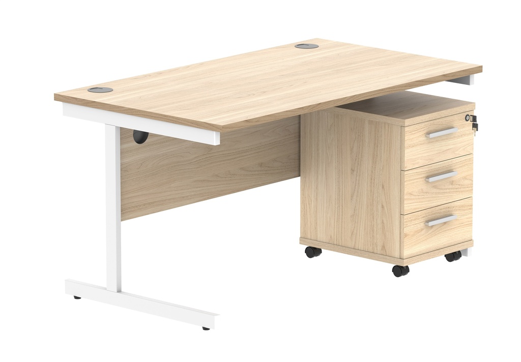 Single Upright Rectangular Desk + 3 Drawer Mobile Under Desk Pedestal (FSC) | 1400 X 800 | Canadian Oak/White