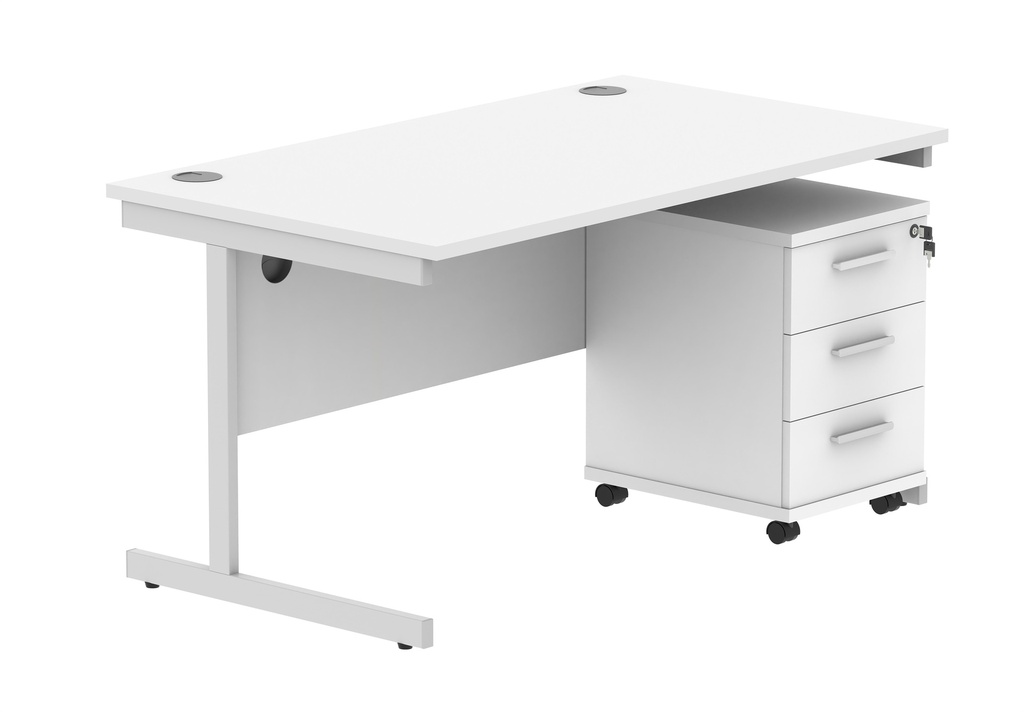 Single Upright Rectangular Desk + 3 Drawer Mobile Under Desk Pedestal (FSC) | 1400 X 800 | Arctic White/Silver