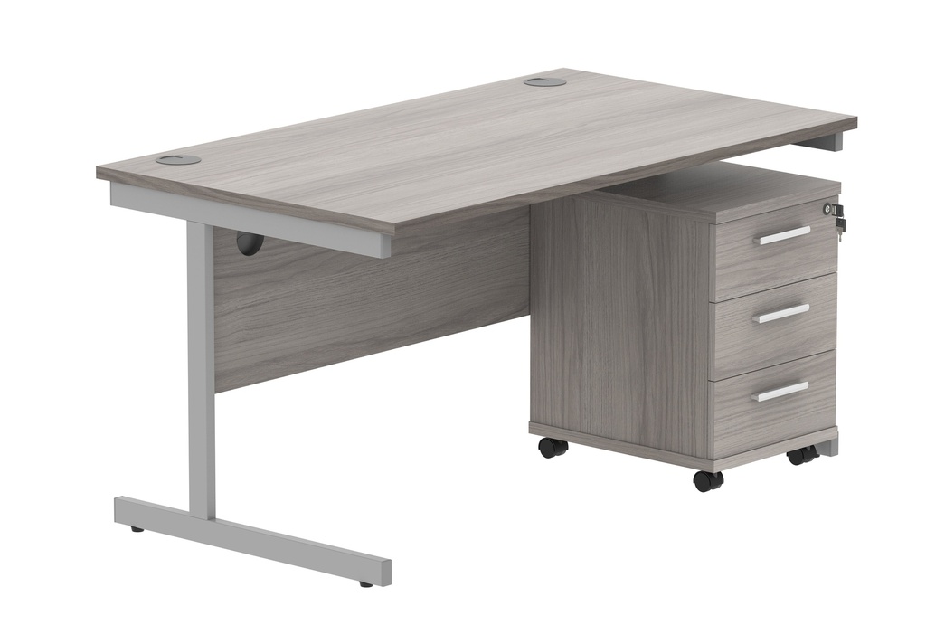 Single Upright Rectangular Desk + 3 Drawer Mobile Under Desk Pedestal (FSC) | 1400 X 800 | Alaskan Grey Oak/Silver