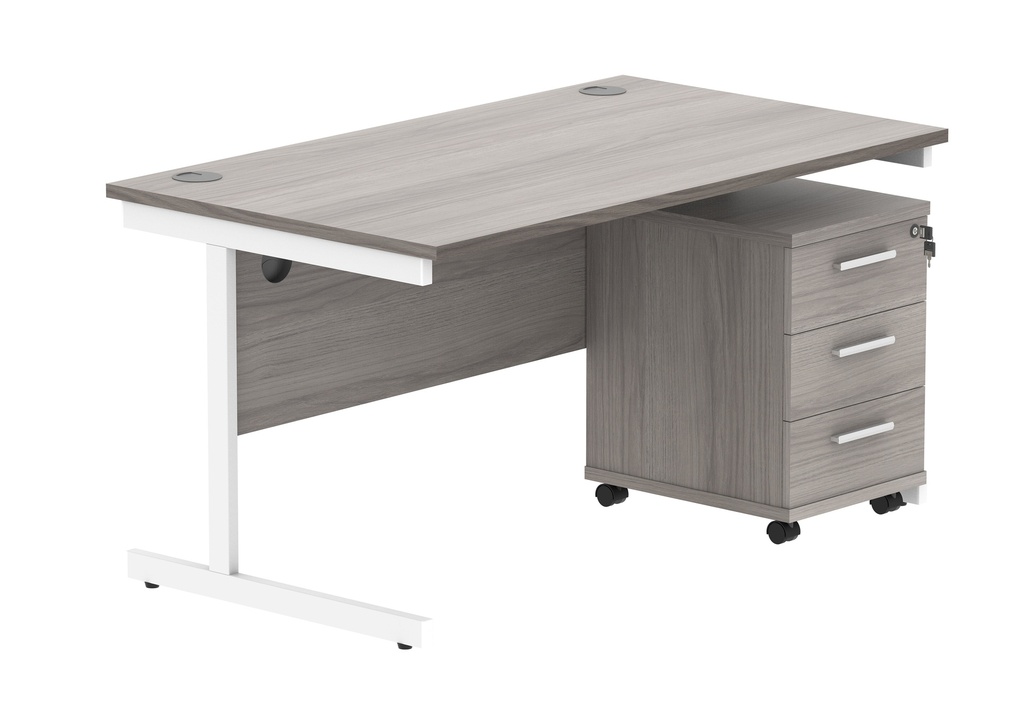 Single Upright Rectangular Desk + 3 Drawer Mobile Under Desk Pedestal (FSC) | 1400 X 800 | Alaskan Grey Oak/White