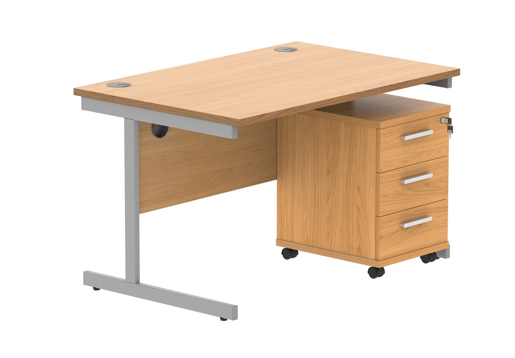 Single Upright Rectangular Desk + 2 Drawer Mobile Under Desk Pedestal (FSC) | 1200 X 800 | Norwegian Beech/Silver