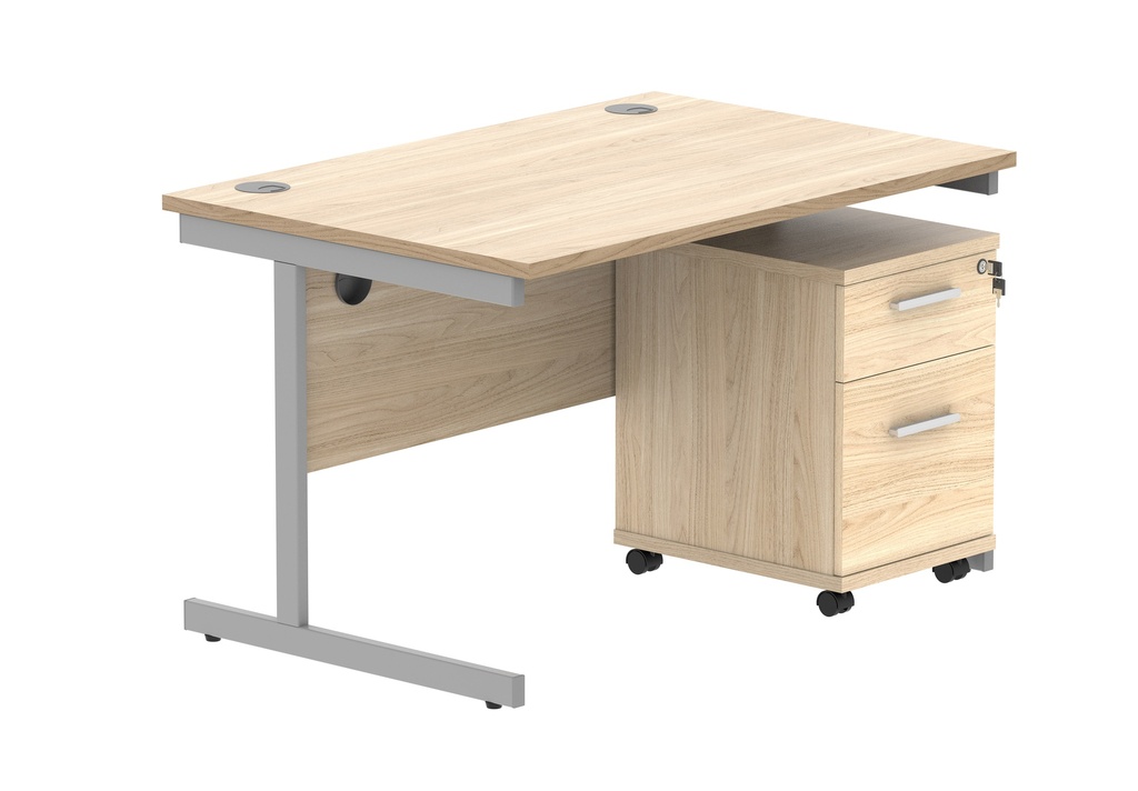 Single Upright Rectangular Desk + 2 Drawer Mobile Under Desk Pedestal (FSC) | 1200 X 800 | Canadian Oak/Silver