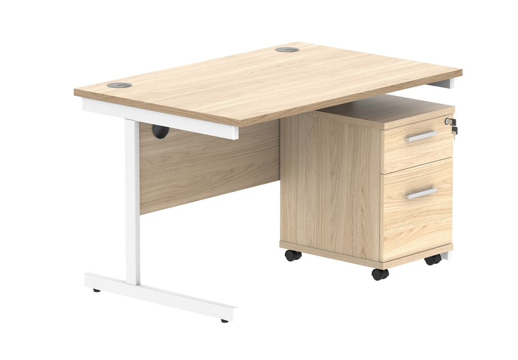 Single Upright Rectangular Desk + 2 Drawer Mobile Under Desk Pedestal (FSC) | 1200 X 800 | Canadian Oak/White