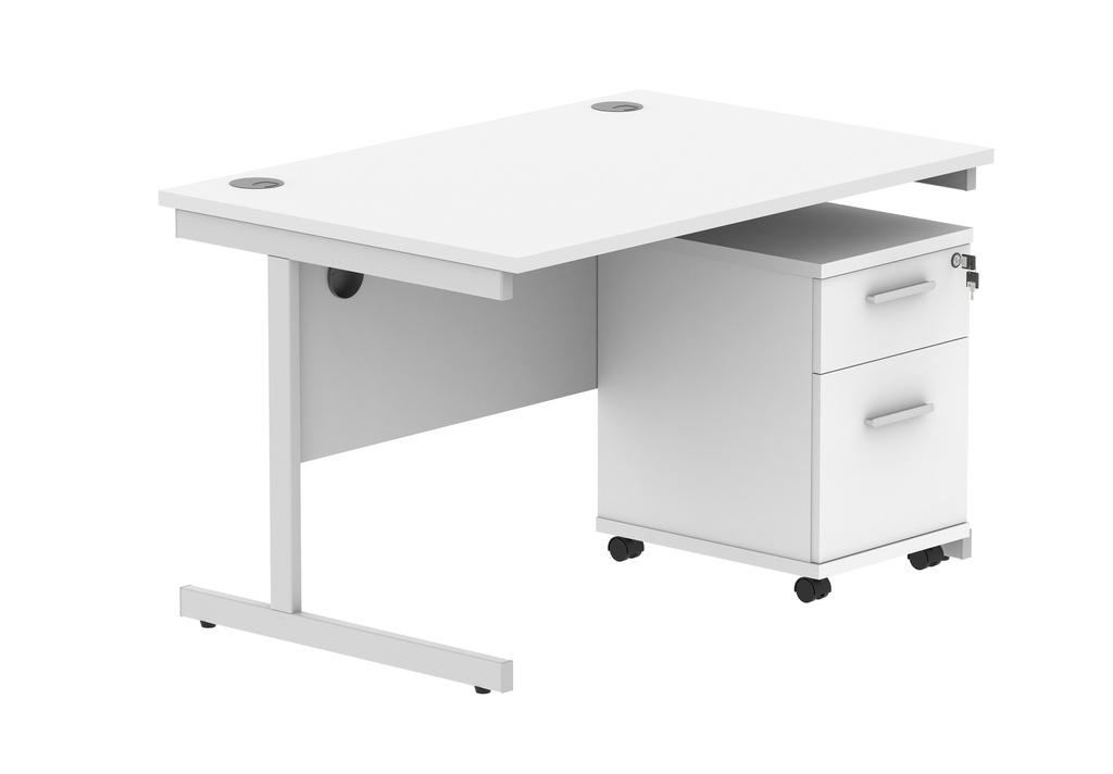 Single Upright Rectangular Desk + 2 Drawer Mobile Under Desk Pedestal (FSC) | 1200 X 800 | Arctic White/Silver