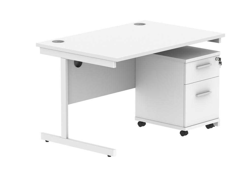 Single Upright Rectangular Desk + 2 Drawer Mobile Under Desk Pedestal (FSC) | 1200 X 800 | Arctic White/White