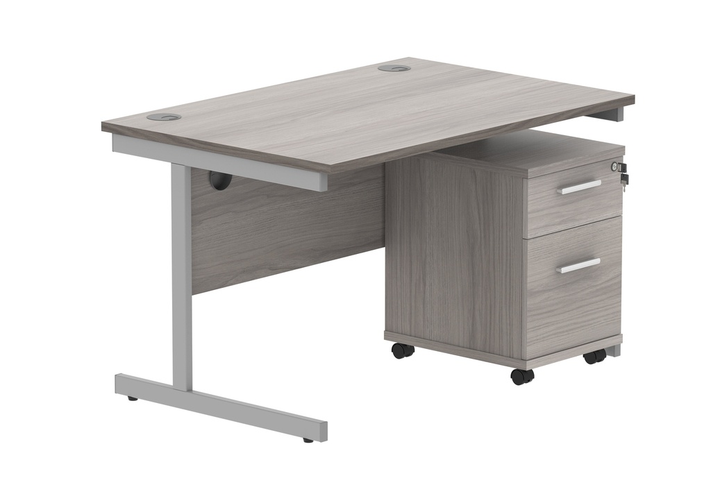 Single Upright Rectangular Desk + 2 Drawer Mobile Under Desk Pedestal (FSC) | 1200 X 800 | Alaskan Grey Oak/Silver