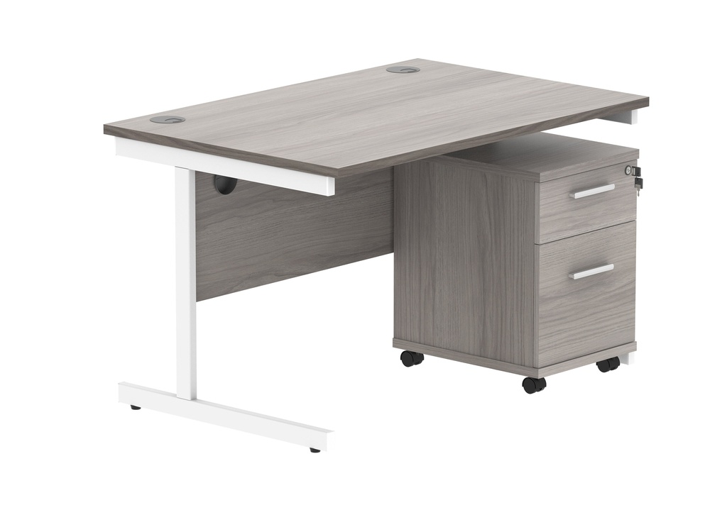Single Upright Rectangular Desk + 2 Drawer Mobile Under Desk Pedestal (FSC) | 1200 X 800 | Alaskan Grey Oak/White