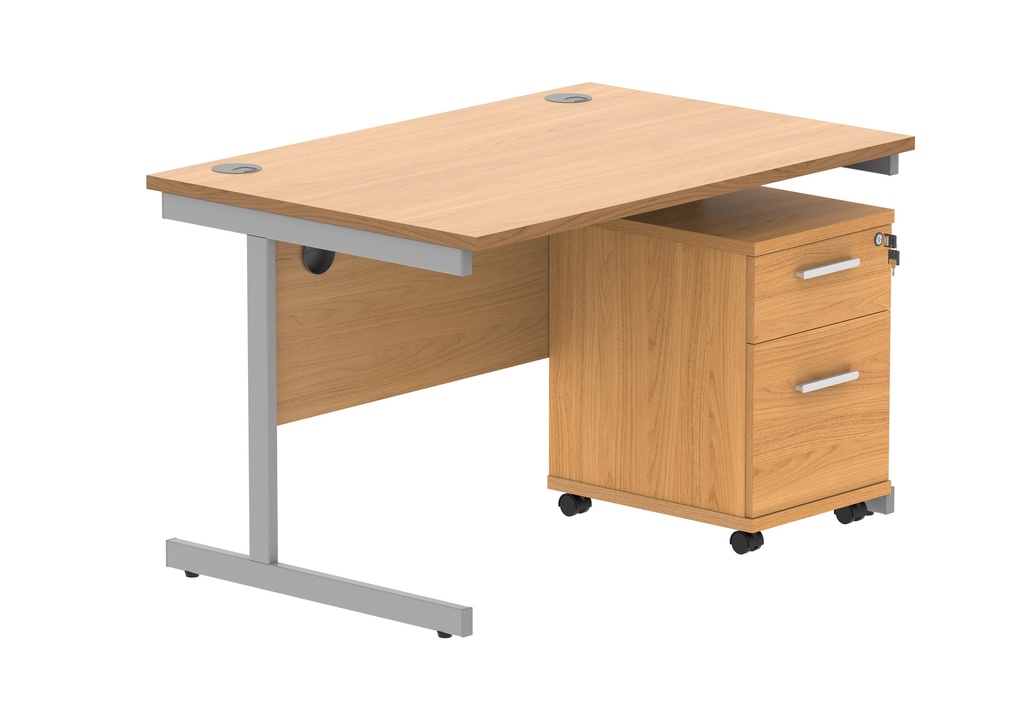 Single Upright Rectangular Desk + 3 Drawer Mobile Under Desk Pedestal (FSC) | 1200 X 800 | Norwegian Beech/Silver