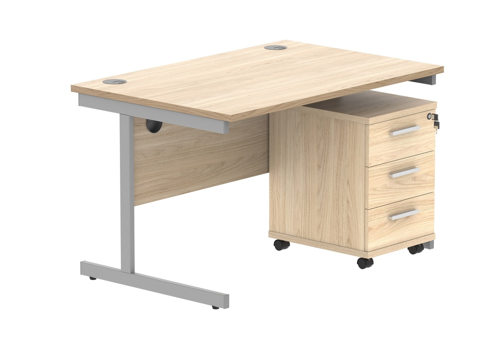 Single Upright Rectangular Desk + 3 Drawer Mobile Under Desk Pedestal (FSC) | 1200 X 800 | Canadian Oak/Silver