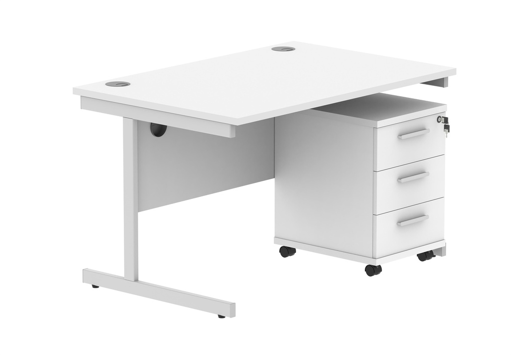 Single Upright Rectangular Desk + 3 Drawer Mobile Under Desk Pedestal (FSC) | 1200 X 800 | Arctic White/Silver
