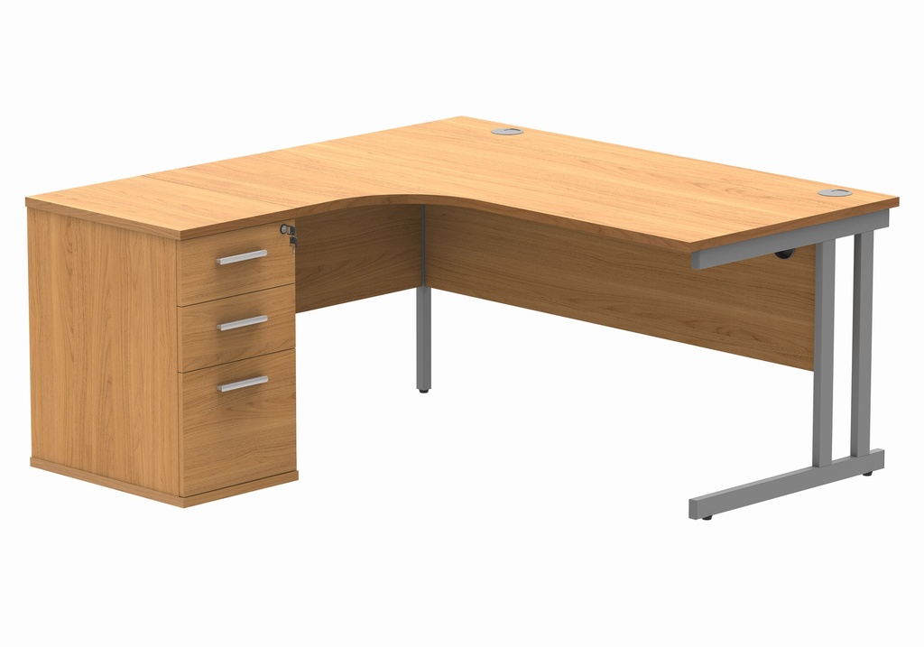 Double Upright Left Hand Radial Desk + Desk High Pedestal (FSC) | 600mm Deep Pedestal | 1600X1200 | Norwegian Beech/Silver
