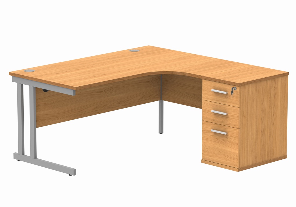 Double Upright Right Hand Radial Desk + Desk High Pedestal (FSC) | 600mm Deep Pedestal | 1600X1200 | Norwegian Beech/Silver