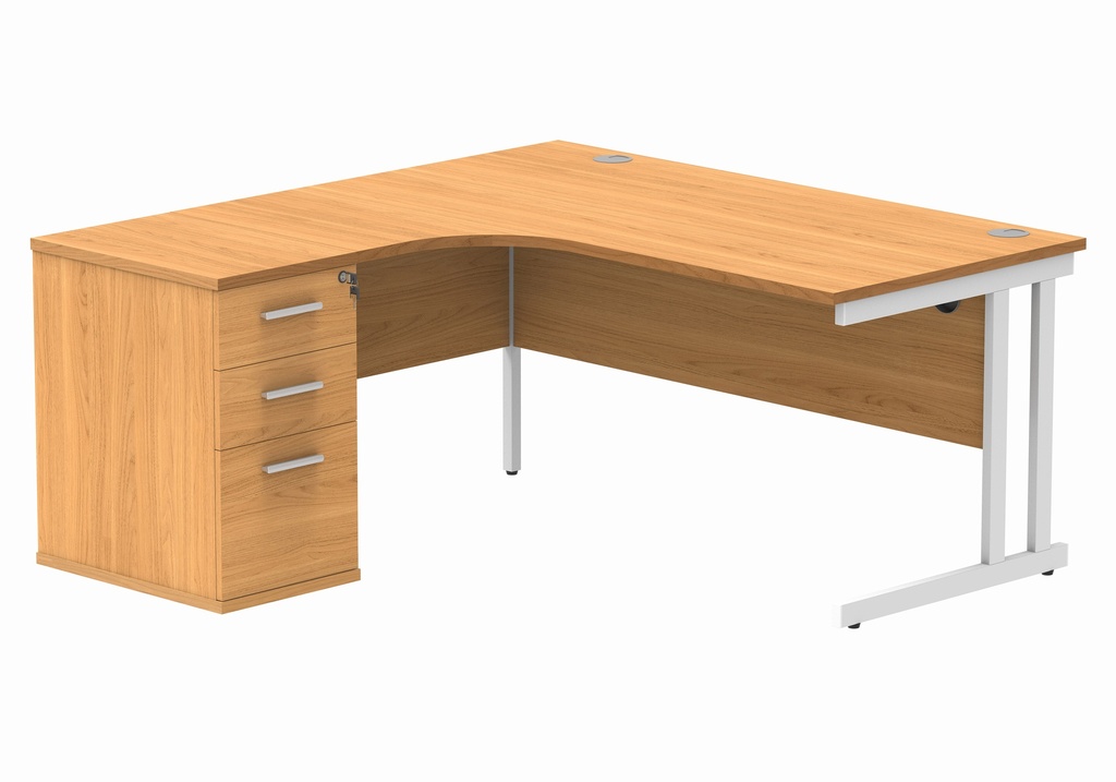 Double Upright Left Hand Radial Desk + Desk High Pedestal (FSC) | 600mm Deep Pedestal | 1600X1200 | Norwegian Beech/White