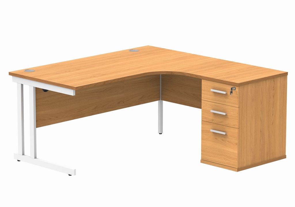 Double Upright Right Hand Radial Desk + Desk High Pedestal (FSC) | 600mm Deep Pedestal | 1600X1200 | Norwegian Beech/White