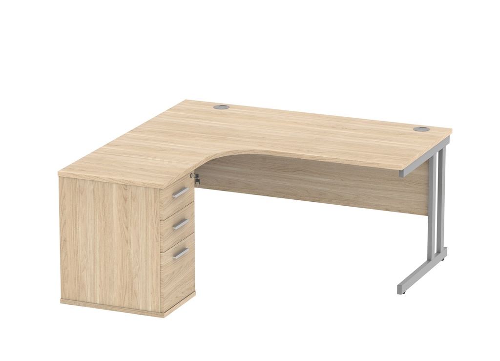 Double Upright Left Hand Radial Desk + Desk High Pedestal (FSC) | 600mm Deep Pedestal | 1600X1200 | Canadian Oak/Silver