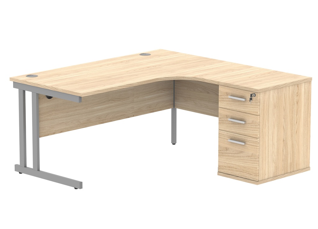 Double Upright Right Hand Radial Desk + Desk High Pedestal (FSC) | 600mm Deep Pedestal | 1600X1200 | Canadian Oak/Silver