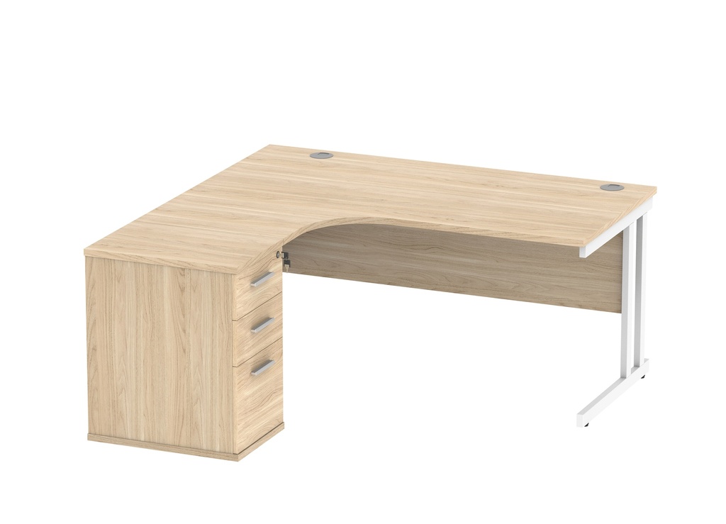 Double Upright Left Hand Radial Desk + Desk High Pedestal (FSC) | 600mm Deep Pedestal | 1600X1200 | Canadian Oak/White